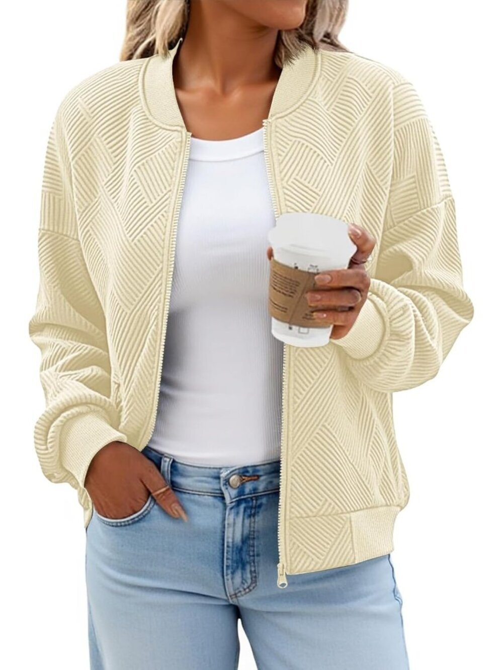Women's Beige Bomber Jacket Trendy Casual Lightweight Zip Up Jacket with Pockets